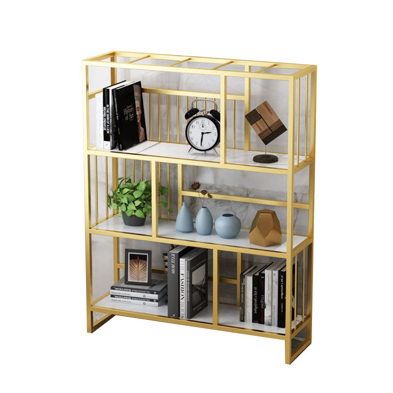 Glam Vertical Open Etagere Bookshelf Iron Frame Manufactured Wood Shelf Bookcase