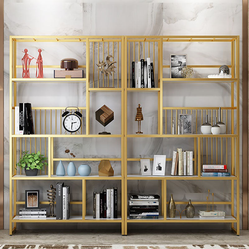 Glam Vertical Open Etagere Bookshelf Iron Frame Manufactured Wood Shelf Bookcase