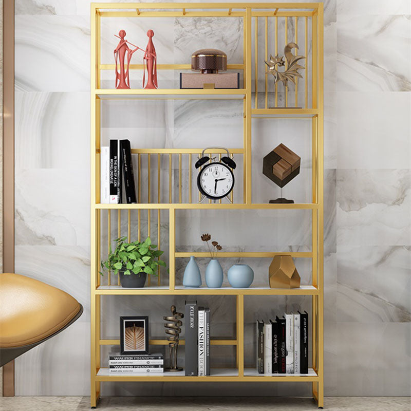 Glam Vertical Open Etagere Bookshelf Iron Frame Manufactured Wood Shelf Bookcase