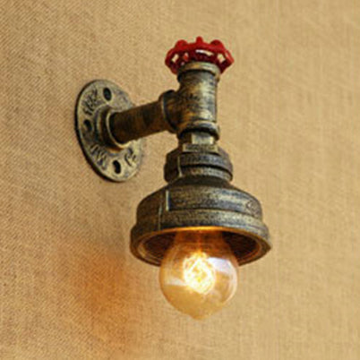 Water Pipe Metal Wall Lighting Rustic Style 1 Light Restaurant Wall Mounted Lamp with Red Valve in Bronze/Antique Brass