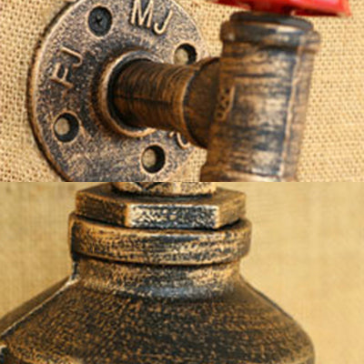 Water Pipe Metal Wall Lighting Rustic Style 1 Light Restaurant Wall Mounted Lamp with Red Valve in Bronze/Antique Brass