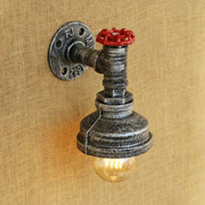Water Pipe Metal Wall Lighting Rustic Style 1 Light Restaurant Wall Mounted Lamp with Red Valve in Bronze/Antique Brass