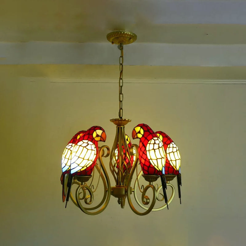 Parrot Hanging Chandelier Tiffany-Style Stained Art Glass Hanging Pendant Light