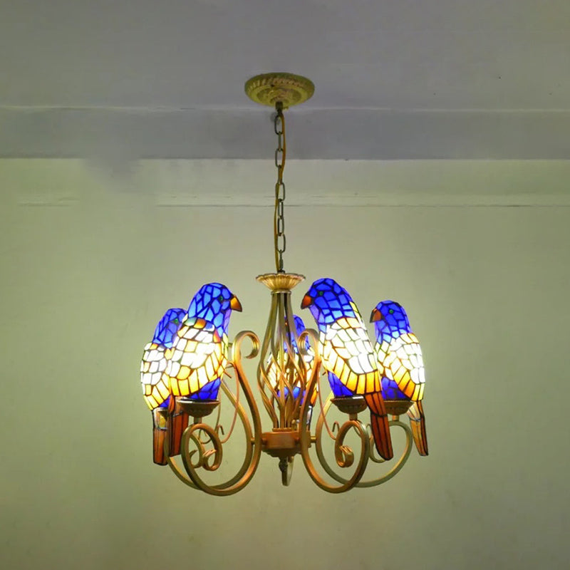 Parrot Hanging Chandelier Tiffany-Style Stained Art Glass Hanging Pendant Light