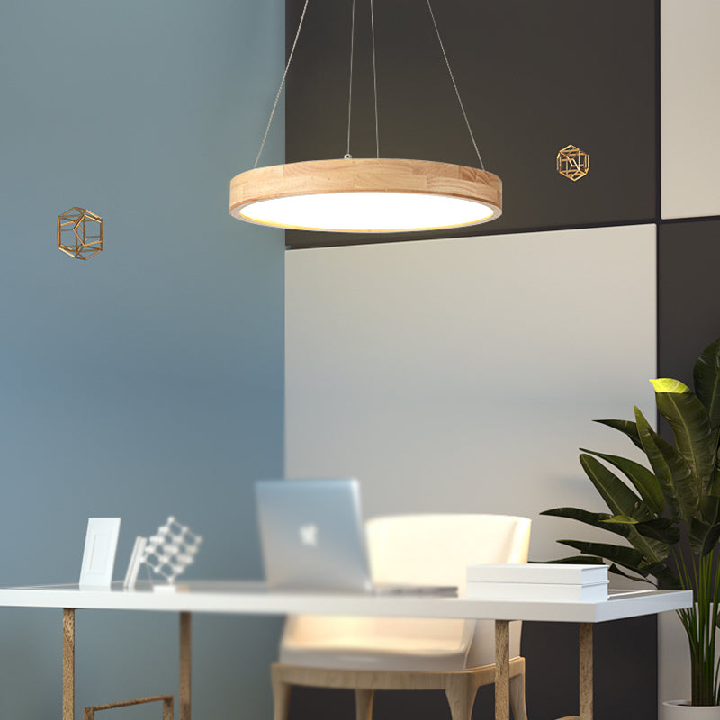 Round Wooden Hanging Lamp LED Pendant Light for Dining Room with Acrylic Shade