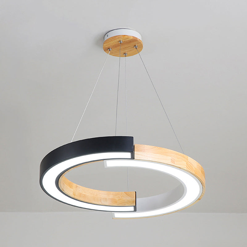 Ring Shape Pendant Lamp LED Simple Hanging Light for Living Room with Rubber Wood