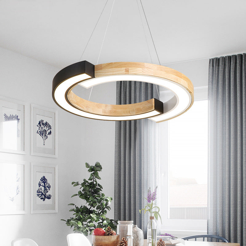 Ring Shape Pendant Lamp LED Simple Hanging Light for Living Room with Rubber Wood