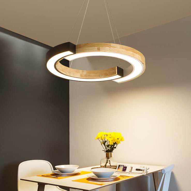 Ring Shape Pendant Lamp LED Simple Hanging Light for Living Room with Rubber Wood