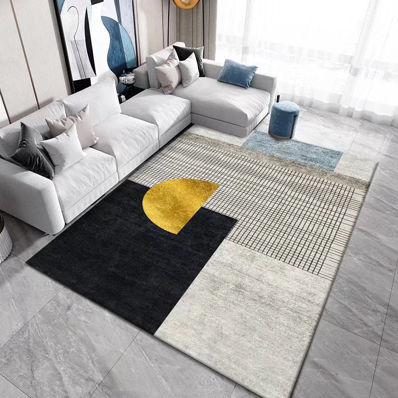 Black Modern Rug Polyester Geometric Patterns Rug Washable Rug for Living Room