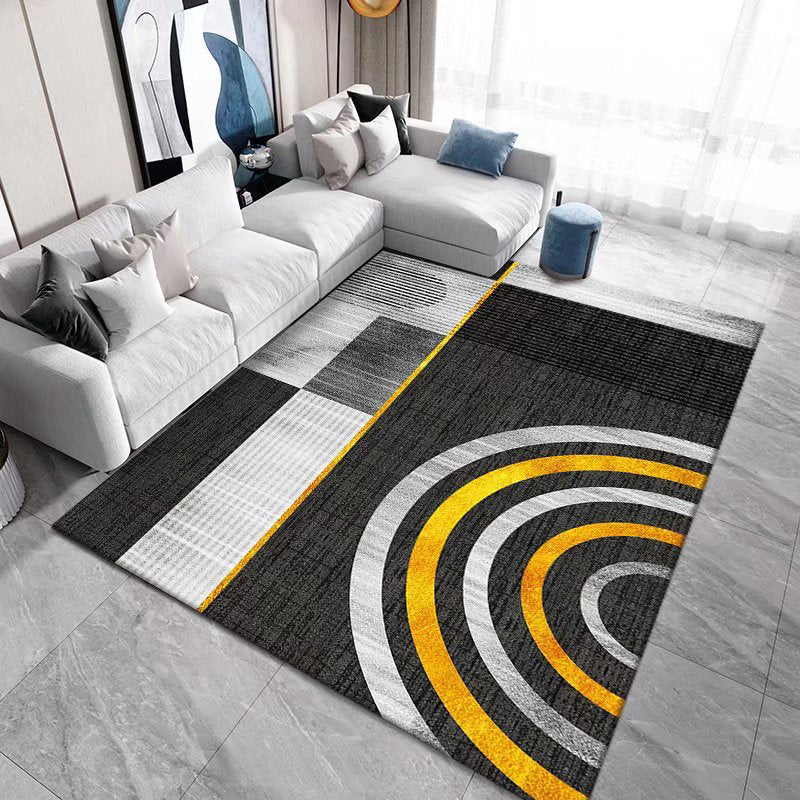 Black Modern Rug Polyester Geometric Patterns Rug Washable Rug for Living Room