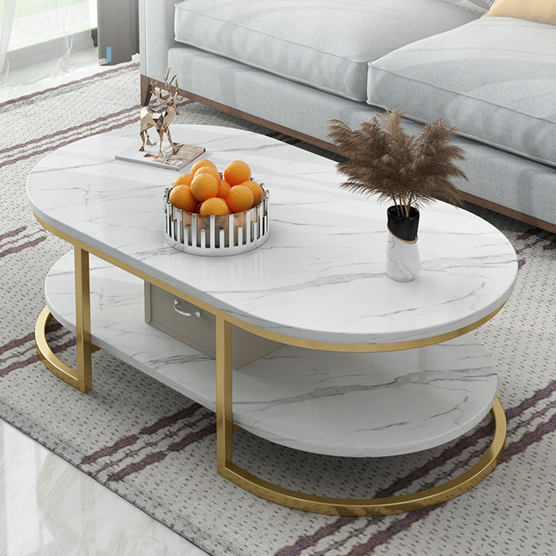 Modern Oval Marble Imitation Coffee Table with Metal Legs in Black/White with Shelf