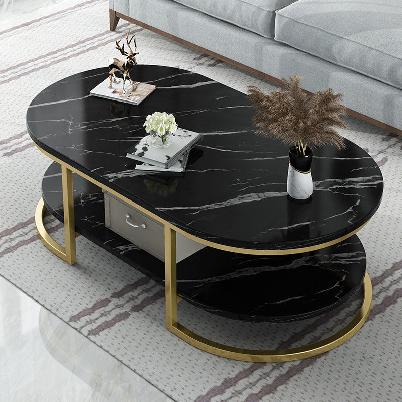 Modern Oval Marble Imitation Coffee Table with Metal Legs in Black/White with Shelf