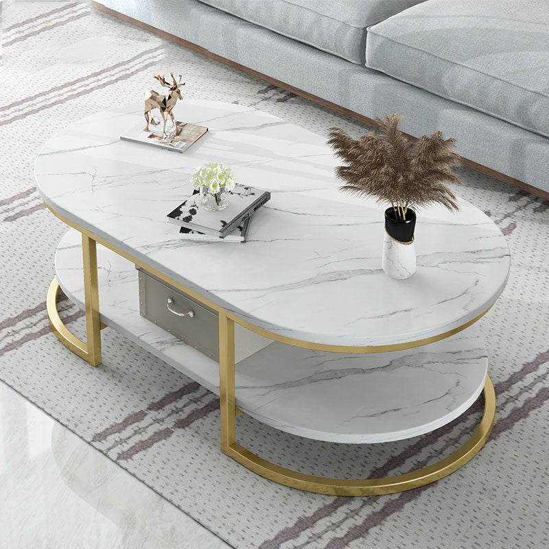 Modern Oval Marble Imitation Coffee Table with Metal Legs in Black/White with Shelf