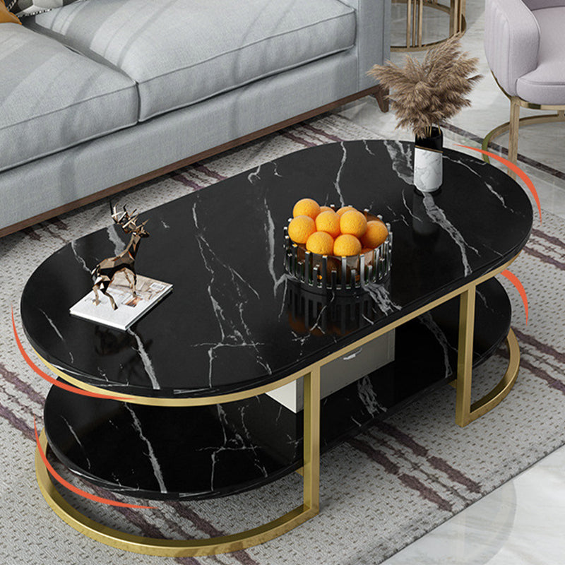 Modern Oval Marble Imitation Coffee Table with Metal Legs in Black/White with Shelf