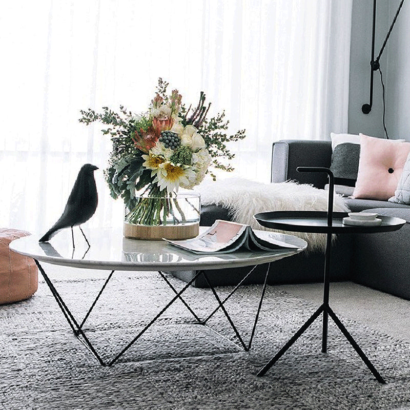 Frame Base Coffee Table Round Black/White Stone Cocktail Table
