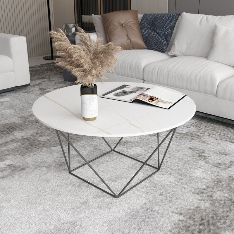 Frame Base Coffee Table Round Black/White Stone Cocktail Table