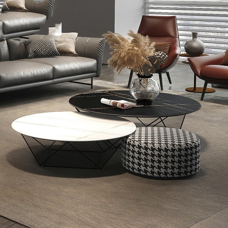 Frame Base Coffee Table Round Black/White Stone Cocktail Table