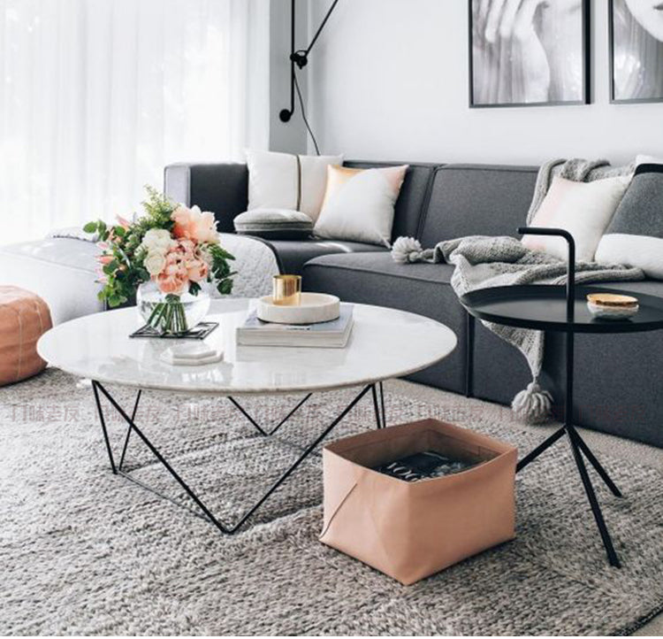 Frame Base Coffee Table Round Black/White Stone Cocktail Table