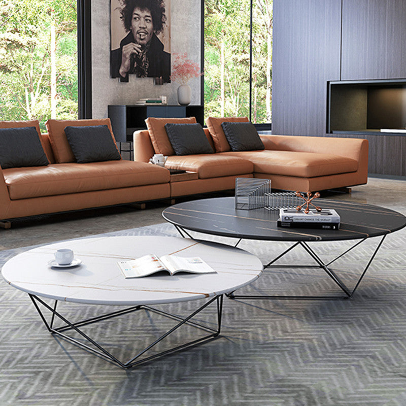 Frame Base Coffee Table Round Black/White Stone Cocktail Table