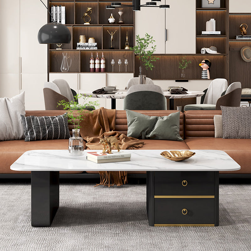Modern Rectangular Slate Sled Coffee Table with Storage White Cocktail Table