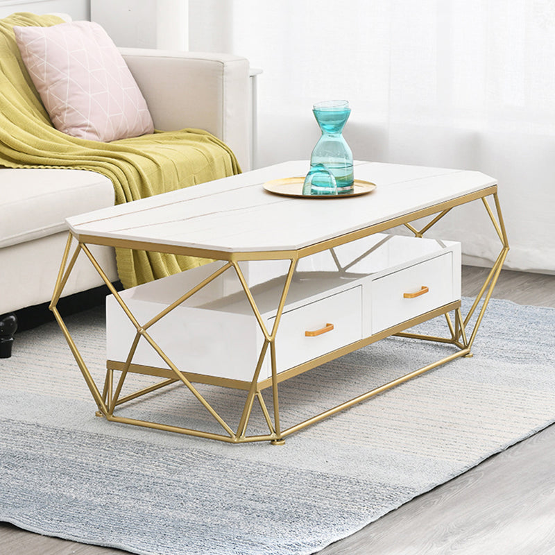 Modern Slate Geometric Coffee Table Gold Metal Frame Coffee Table with Storage