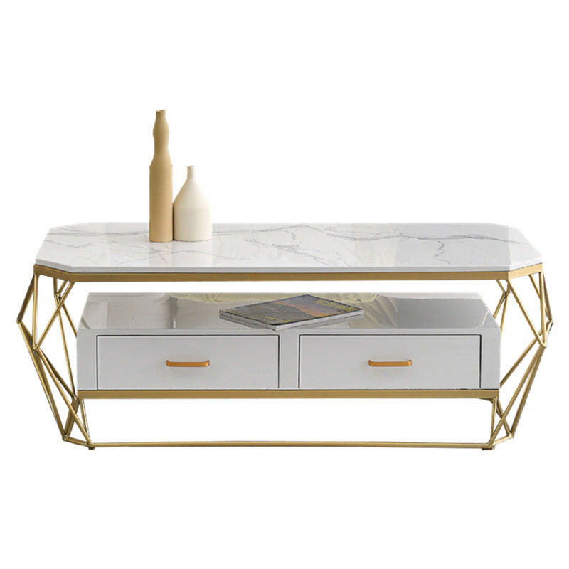 Modern Slate Geometric Coffee Table Gold Metal Frame Coffee Table with Storage