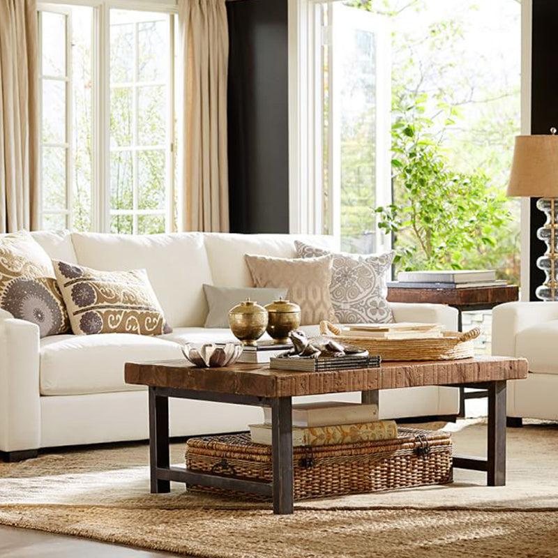 Farmhouse Wood 4 Legs Coffee Table Rectangle Table in Brown Finish
