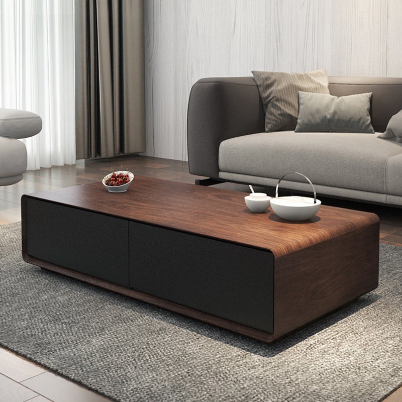 Wooden Block Cocktail Table with Drawers Rectangle Coffee Table in Natural
