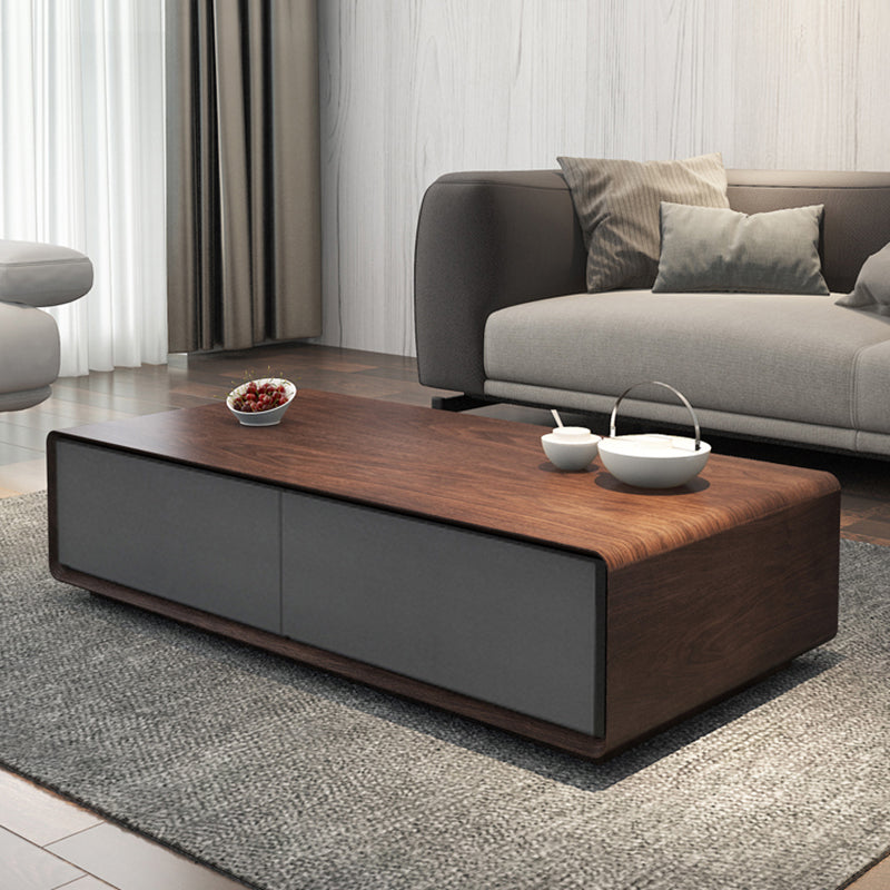 Wooden Block Cocktail Table with Drawers Rectangle Coffee Table in Natural