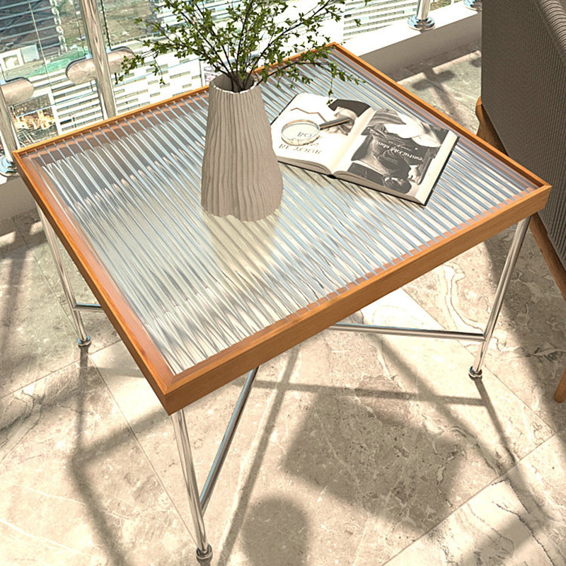 Scandinavian Glass Coffee Table with Wood Accents Cross Legs Cocktail Table