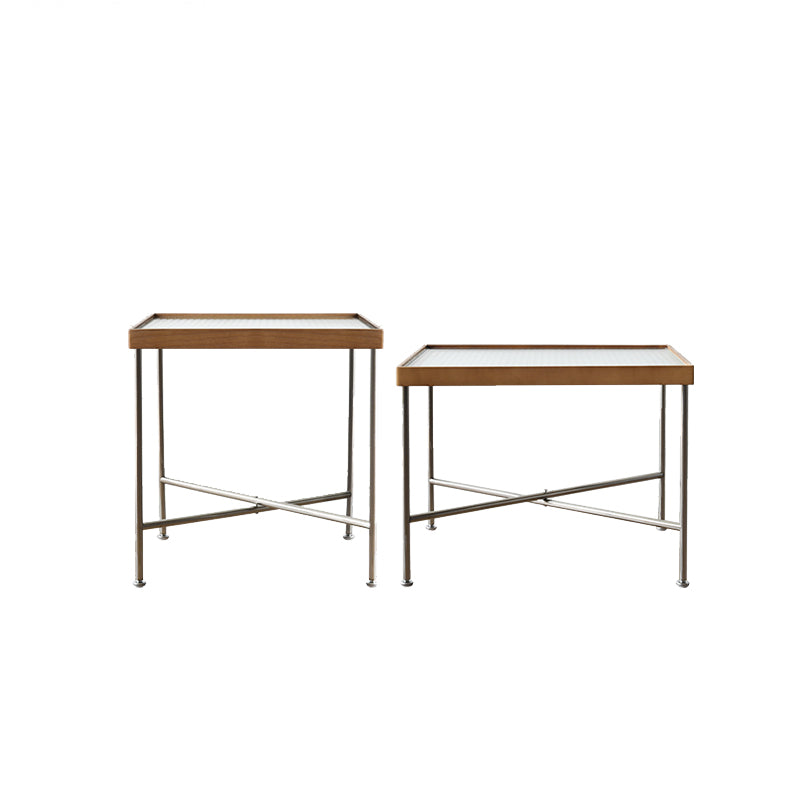 Scandinavian Glass Coffee Table with Wood Accents Cross Legs Cocktail Table