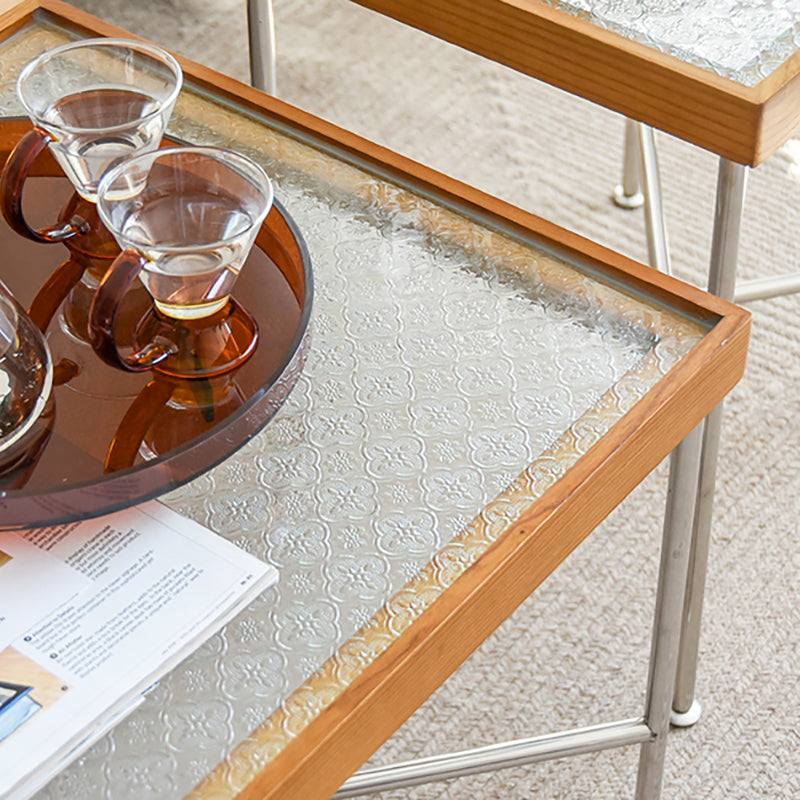 Scandinavian Glass Coffee Table with Wood Accents Cross Legs Cocktail Table