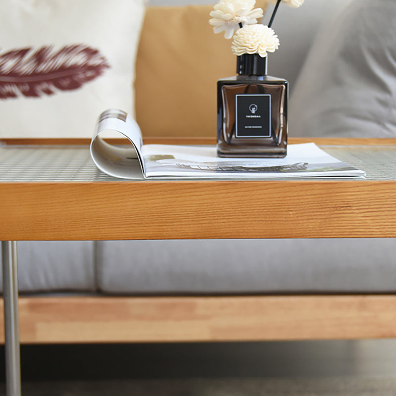 Scandinavian Glass Coffee Table with Wood Accents Cross Legs Cocktail Table