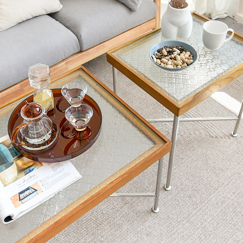 Scandinavian Glass Coffee Table with Wood Accents Cross Legs Cocktail Table