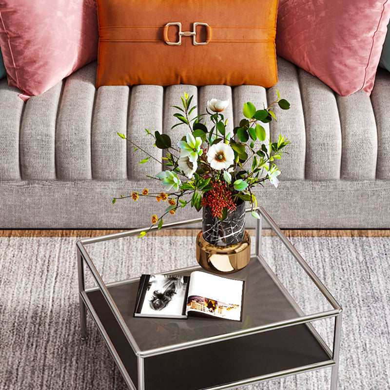 Modern 4 Legs Coffee Table Square Cocktail Table in Brown/Transparent