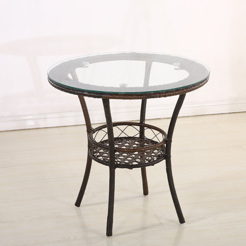 Tropical Glass Top 4 Legs Cocktail Table with Shelf Round Coffee Table