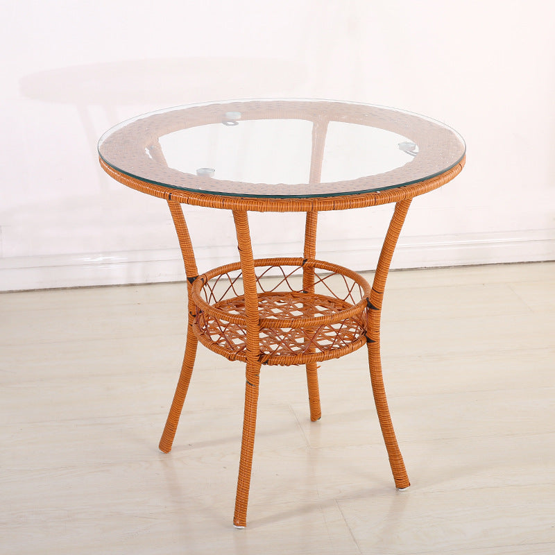 Tropical Glass Top 4 Legs Cocktail Table with Shelf Round Coffee Table