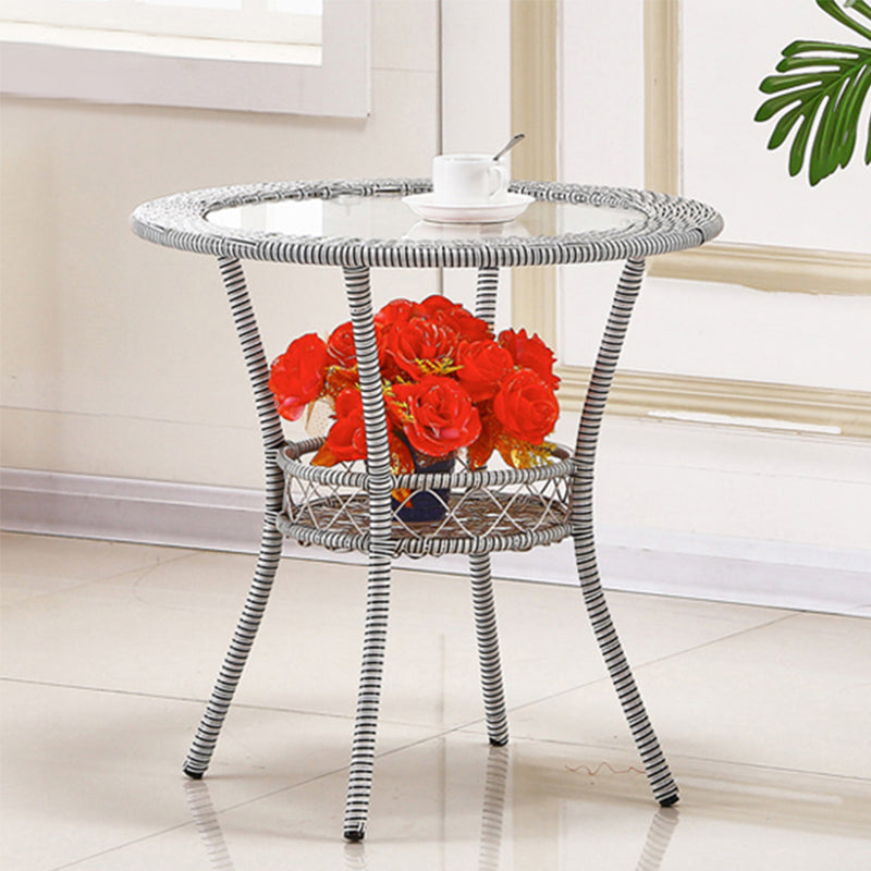 Tropical Glass Top 4 Legs Cocktail Table with Shelf Round Coffee Table