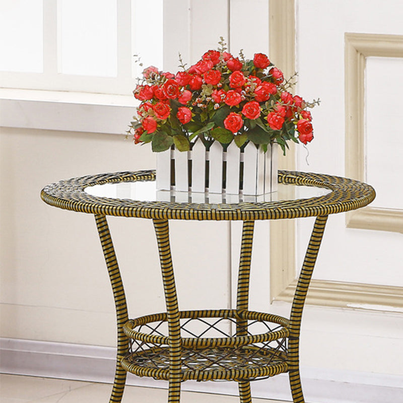 Tropical Glass Top 4 Legs Cocktail Table with Shelf Round Coffee Table