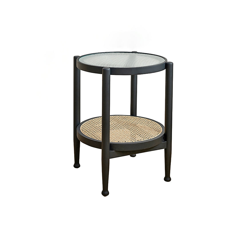 Modern Wood 4 Legs 1 Coffee Table with Shelf Round Glass Table