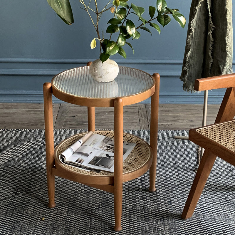 Modern Wood 4 Legs 1 Coffee Table with Shelf Round Glass Table