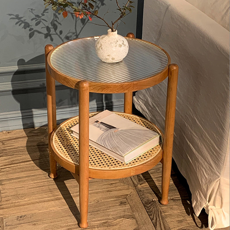 Modern Wood 4 Legs 1 Coffee Table with Shelf Round Glass Table