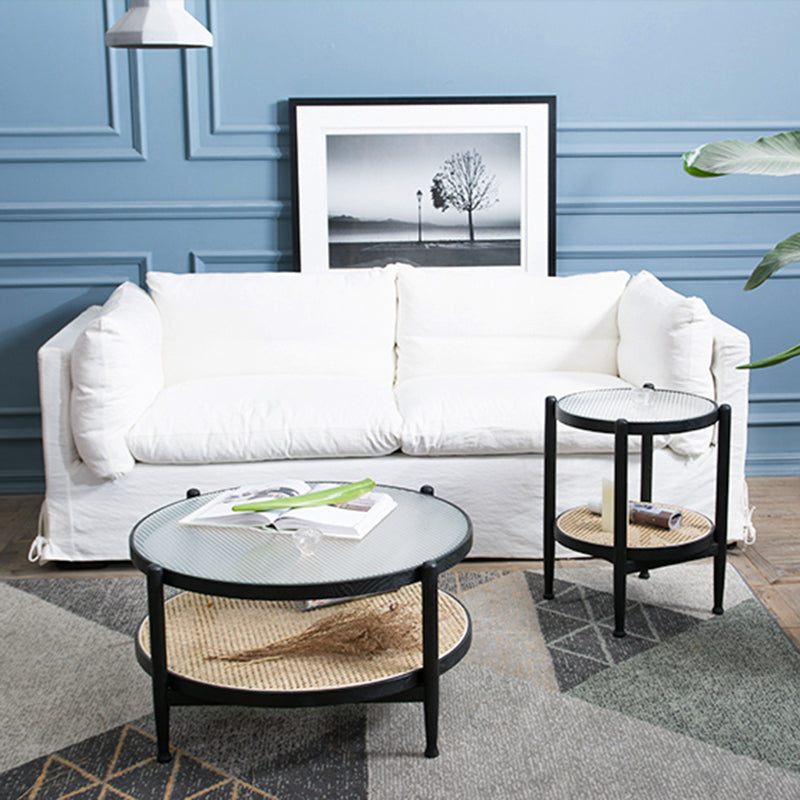 Modern Wood 4 Legs 1 Coffee Table with Shelf Round Glass Table