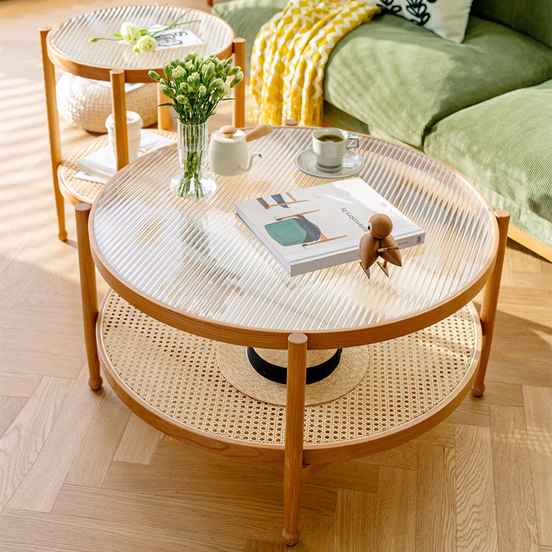 Modern Wood 4 Legs 1 Coffee Table with Shelf Round Glass Table