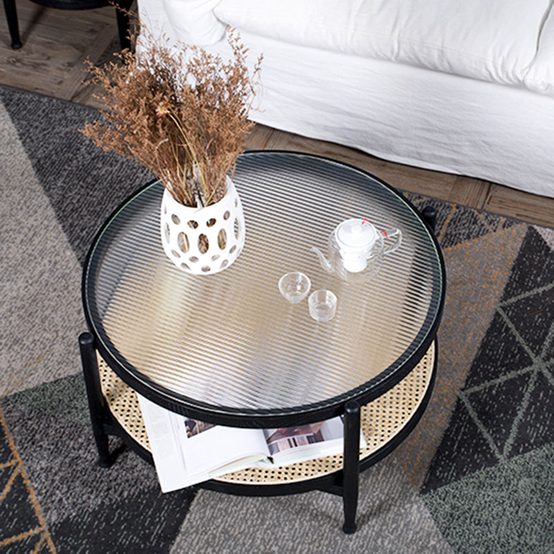 Modern Wood 4 Legs 1 Coffee Table with Shelf Round Glass Table