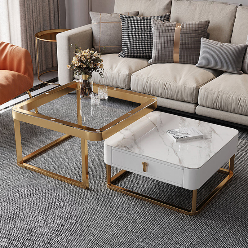 Gold Frame Metal Iron Base Design with Drawer Square Coffee Table