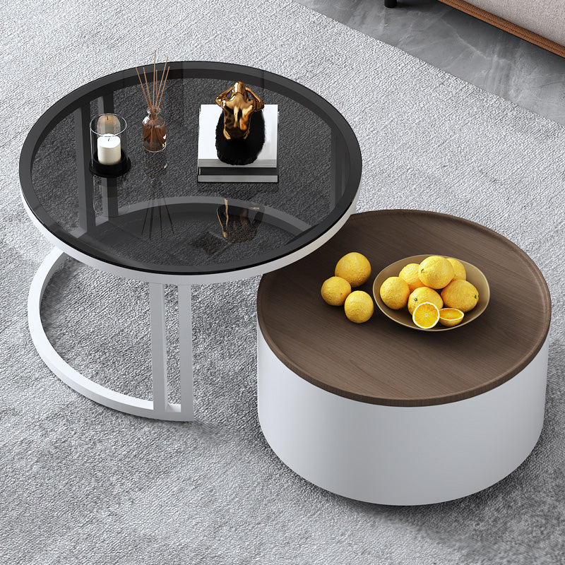 Modern Style Wooden&tempered Glass Top Circular Nested Coffee Table