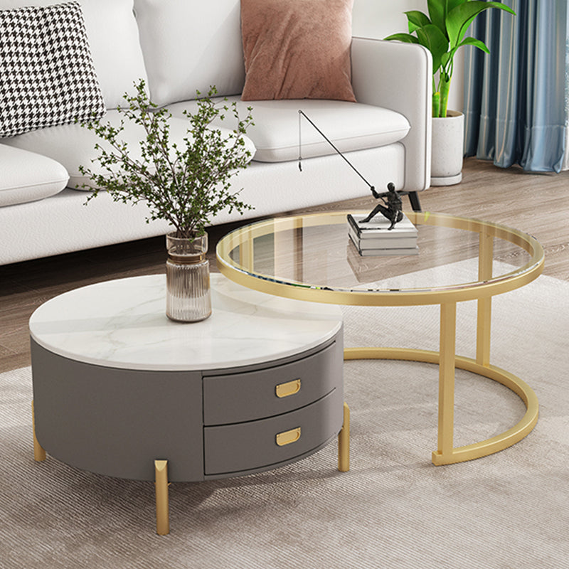 Modern Wooden 4 Legs 2 Coffee Table with Storage Round Table