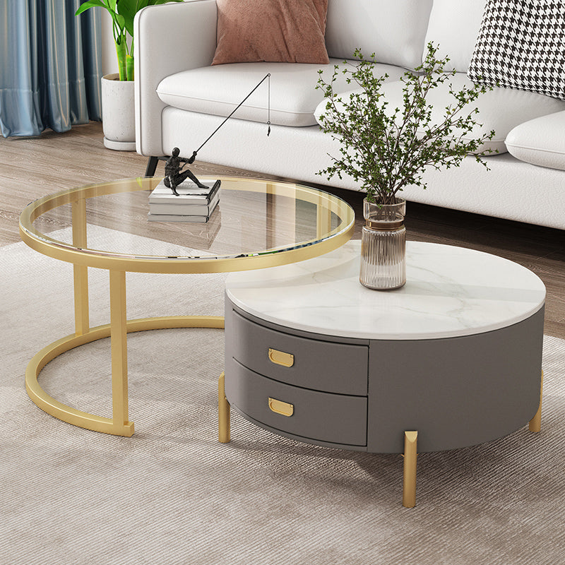 Modern Wooden 4 Legs 2 Coffee Table with Storage Round Table