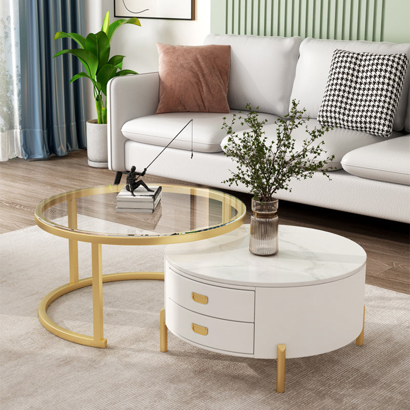 Modern Wooden 4 Legs 2 Coffee Table with Storage Round Table
